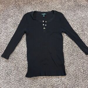 Lauren Ralph Lauren Black Ribbed Long Sleeve Henley Shirt Gold Button Size M